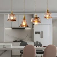 Plafonnier laiton et verre suspendu vintage LYRA