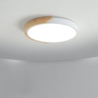 Plafonnier salle de bain blanc et bois rond