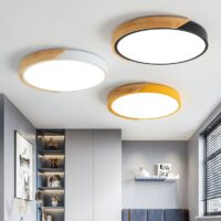 Plafonnier salle de bain blanc et bois rond