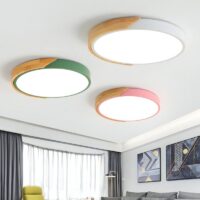 Plafonnier salle de bain blanc et bois rond
