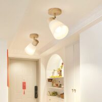 Plafonnier projecteur en bois et verre satiné moderne POMQD