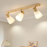 Plafonnier projecteur en bois et verre satiné moderne POMQD