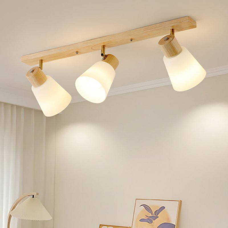 Plafonnier projecteur en bois et verre satiné moderne POMQD