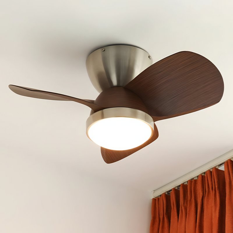 Plafonnier ventilateur effet bois et métal lumière réglable