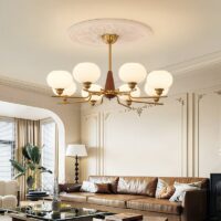 Plafonnier art déco américain doré en bois et verre AMADES