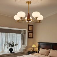Plafonnier art déco américain doré en bois et verre AMADES