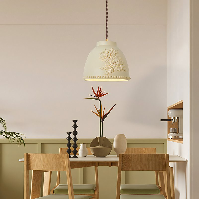 Plafonnier art déco suspendu beige décoration florale THEMIS