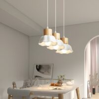 Plafonnier cuisine suspendu lustre 3 têtes en bois et céramique TIERA