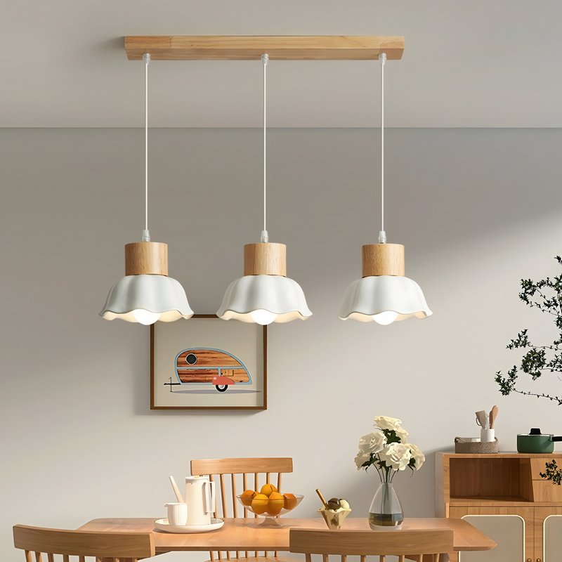 Plafonnier cuisine suspendu lustre 3 têtes en bois et céramique TIERA