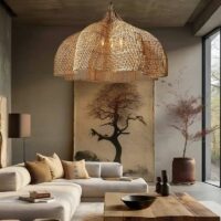 Plafonnier japonais zen en rotin bohème chic forme de fleur WAKYO