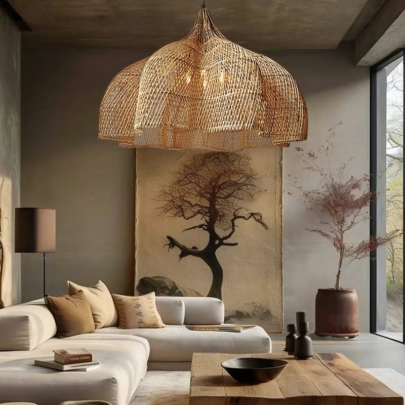 Plafonnier japonais zen en rotin bohème chic forme de fleur WAKYO