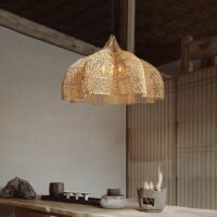 Plafonnier japonais zen en rotin bohème chic forme de fleur WAKYO