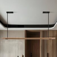 Plafonnier néon LED en bois suspendu design abstrait MANUCO