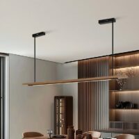 Plafonnier néon LED en bois suspendu design abstrait MANUCO