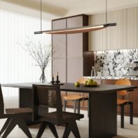 Plafonnier pour restaurant design long noir et effet bois SURFIA