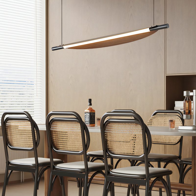 Plafonnier pour restaurant design long noir et effet bois SURFIA