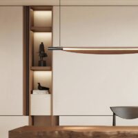 Plafonnier pour restaurant design long noir et effet bois SURFIA