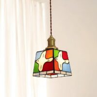 Plafonnier style tiffany en verre effet vitrail coloré oiseaux LULI